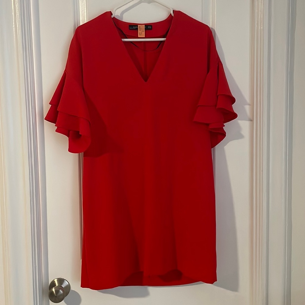 Zara Woman. Red dress. Size M. Fancy, frilly shorter sleeves. Above the knee.